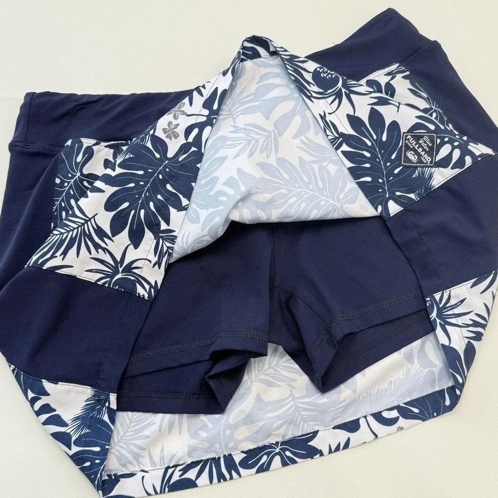 Fullsand Tropical Monstera Print Swim Skort‎ Womens Large Navy White Coastal